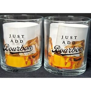 NWOB Set Of 2  Drinking Glasses " Just Add Bourbon " Clear man cave bartender